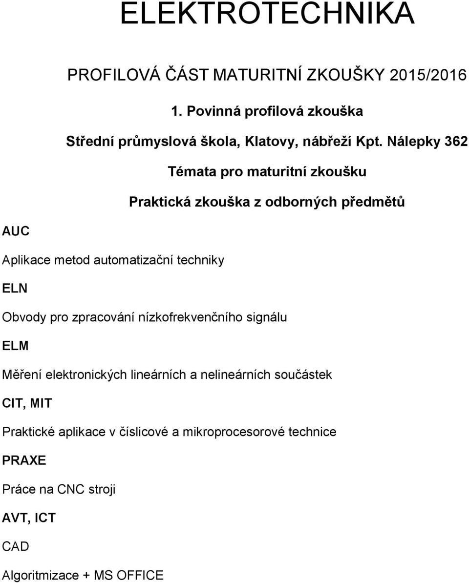 techniky ELN Obvody pro zpracování nízkofrekvenčního signálu ELM Měření elektronických lineárních a