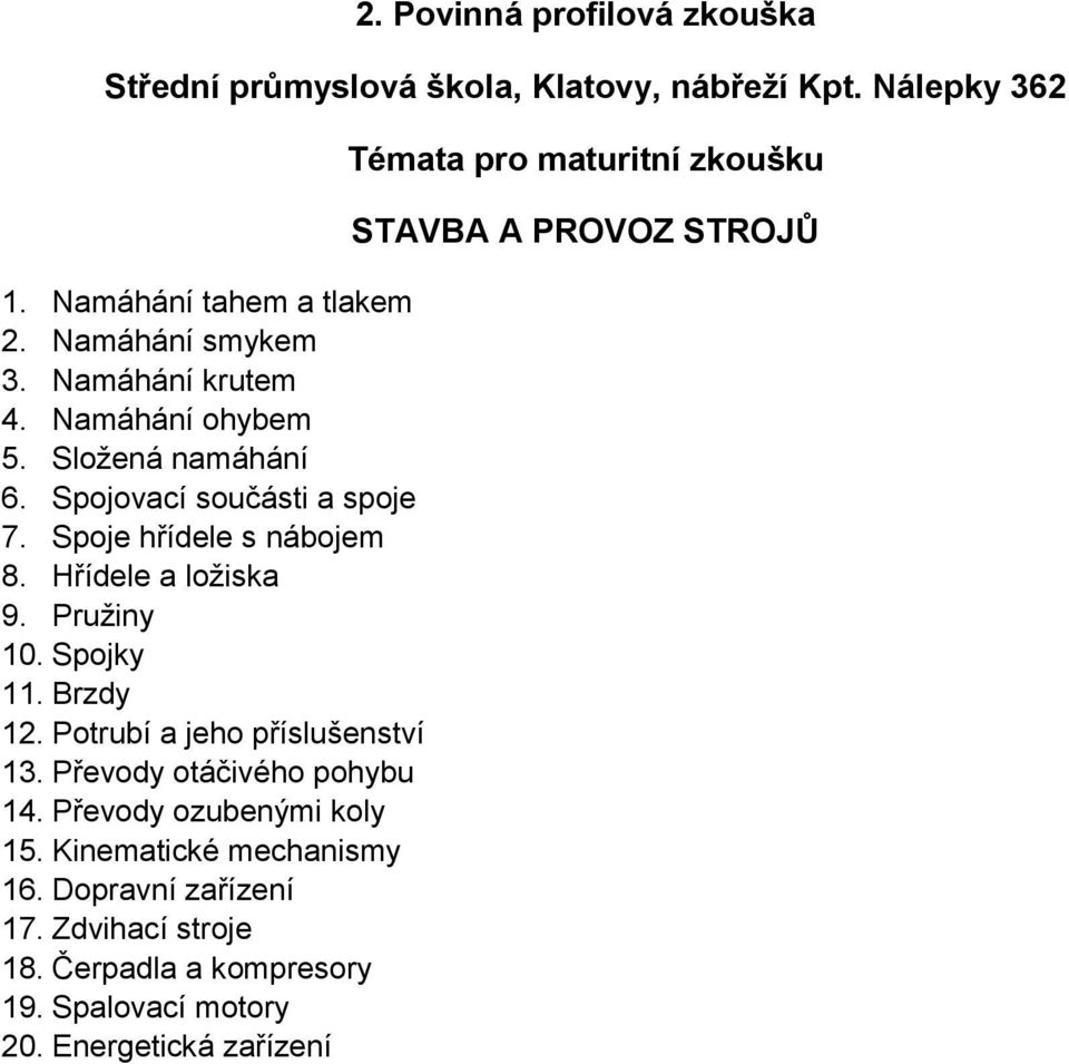 Brzdy 12. Potrubí a jeho příslušenství 13. Převody otáčivého pohybu 14. Převody ozubenými koly 15.