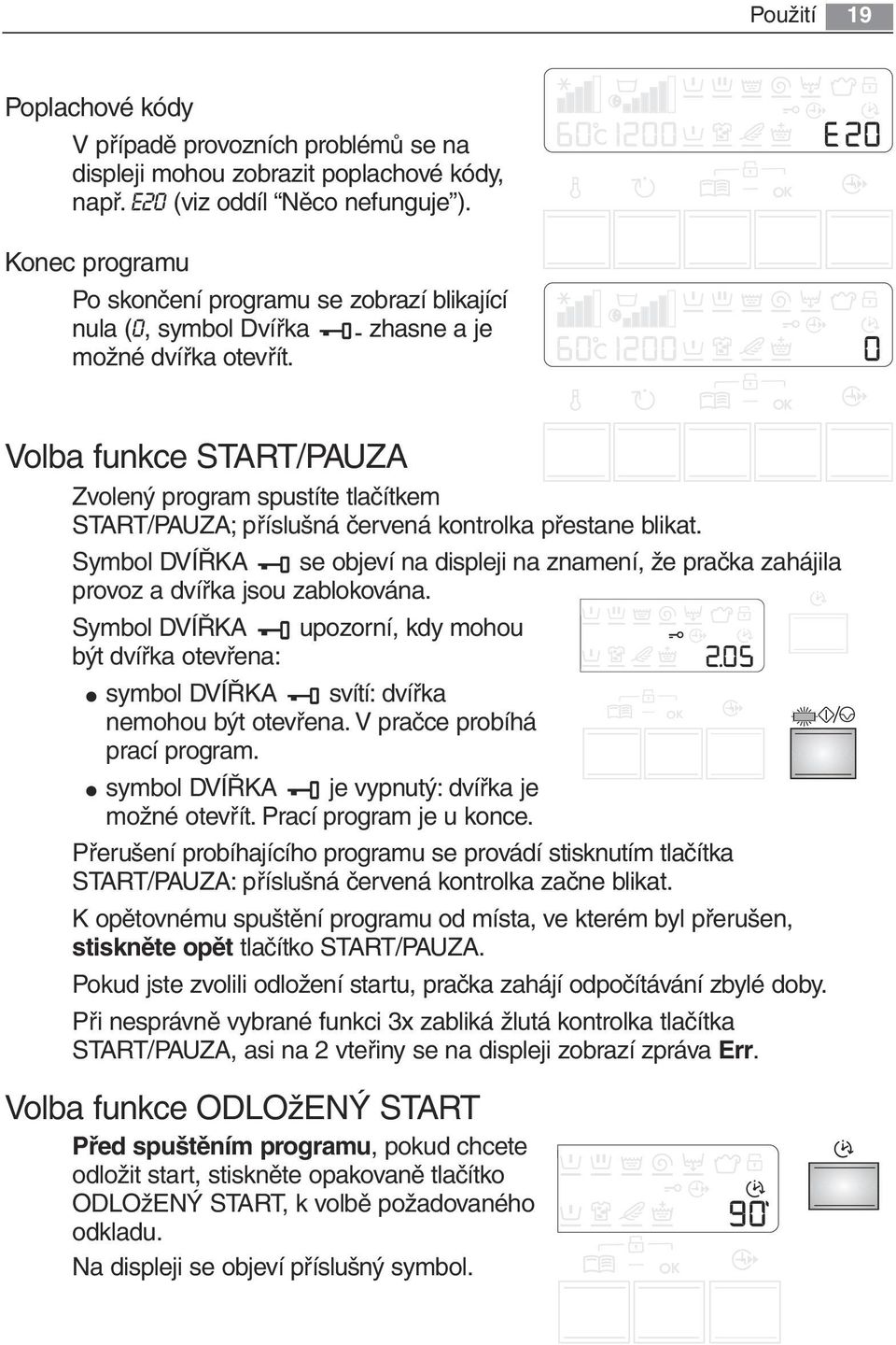 OK Volba funkce START/PAUZA Zvolený program spustíte tlačítkem START/PAUZA; příslušná červená kontrolka přestane blikat.