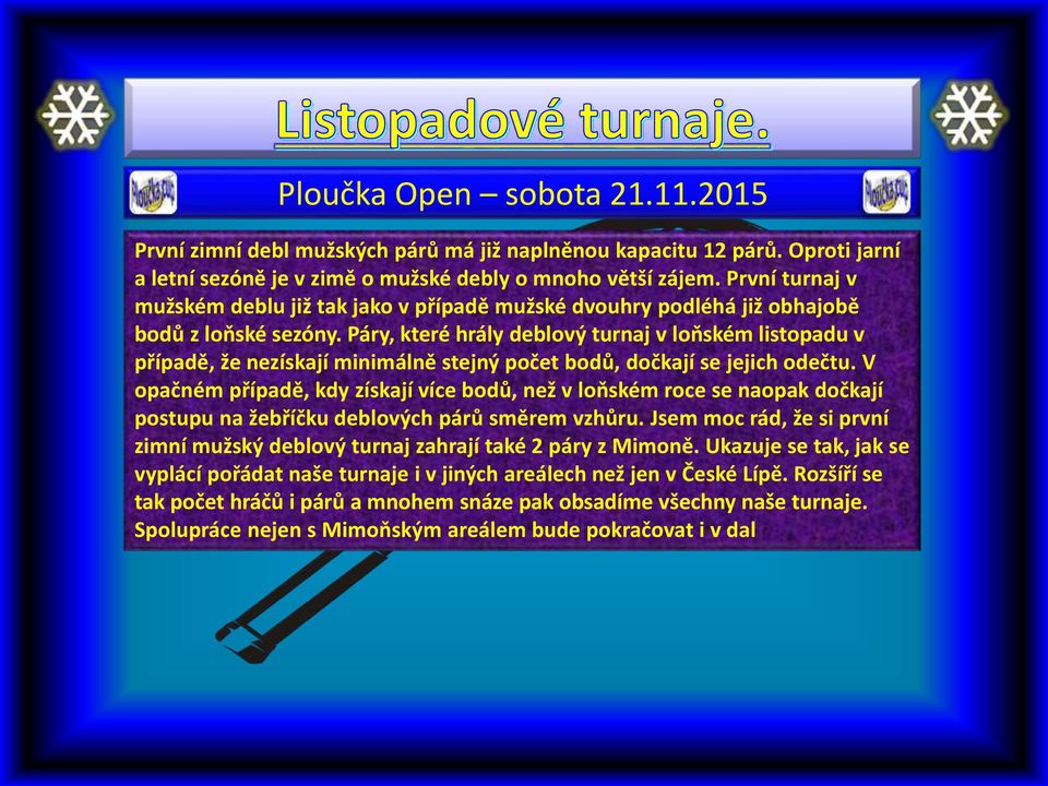 Páry, které hrály deblový turnaj v loňském listopadu v případě, že nezískají minimálně stejný počet bodů, dočkají se jejich odečtu.