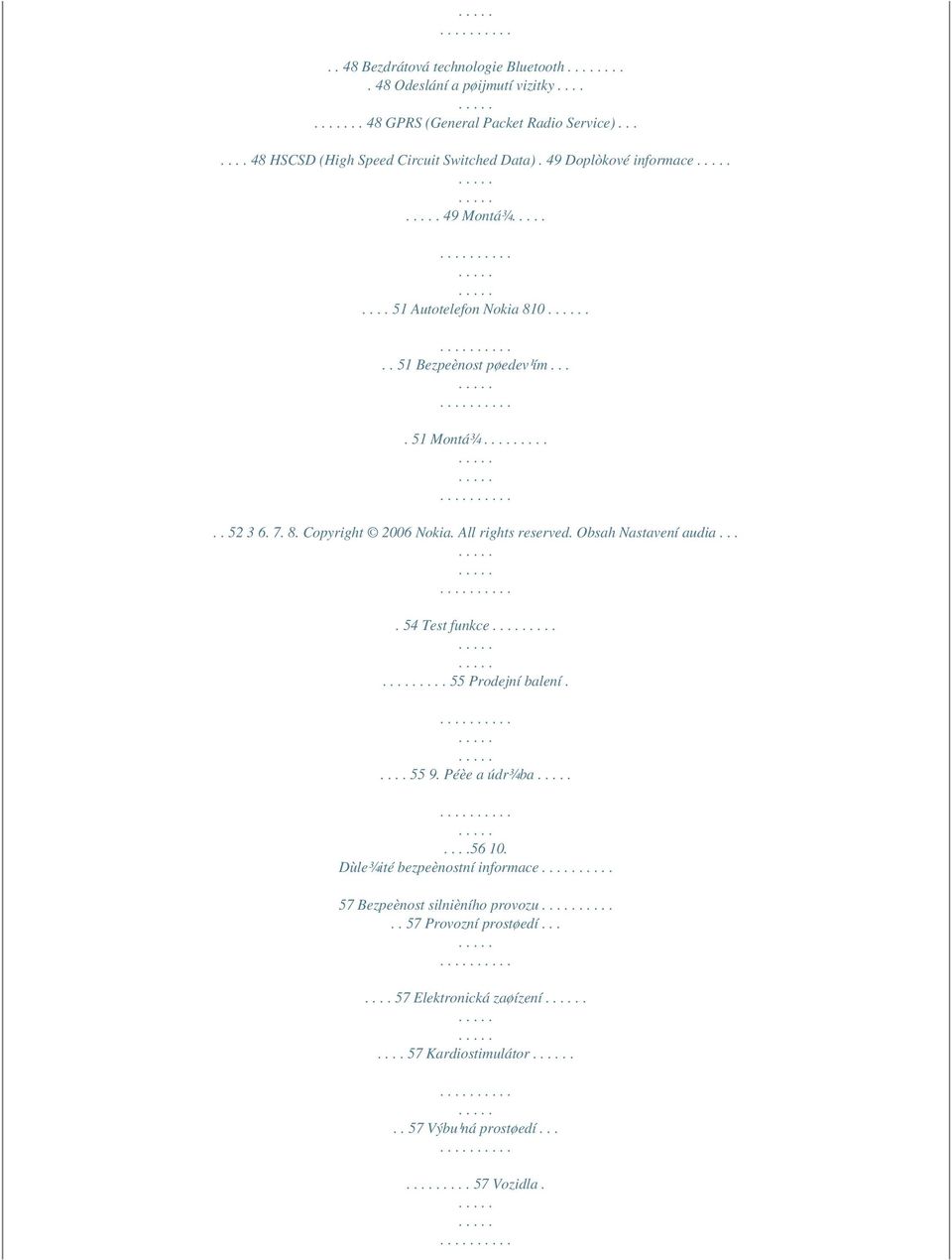 ..... 52 3 6. 7. 8. Copyright 2006 Nokia. All rights reserved. Obsah Nastavení audia.... 54 Test funkce........ 55 Prodejní balení..... 55 9. Péèe a údr¾ba.
