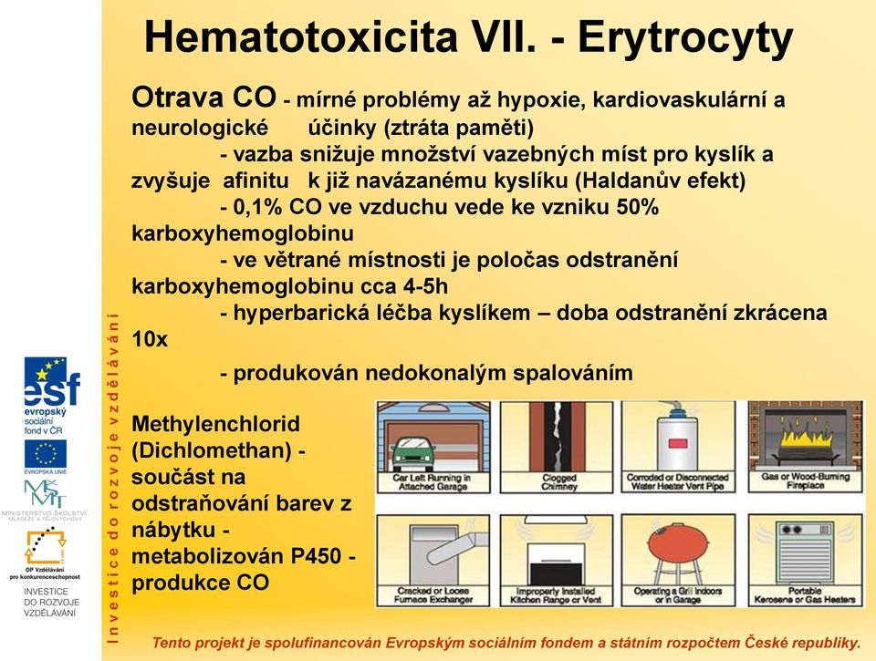 míst pro kyslík a zvyšuje afinitu k již navázanému kyslíku (Haldanův efekt) - 0,1% CO ve vzduchu vede ke vzniku 50% karboxyhemoglobinu - ve