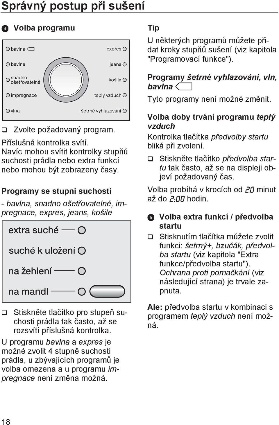 Navíc mohou svítit kontrolky stupňů suchosti prádla nebo extra funkcí nebo mohou být zobrazeny časy.