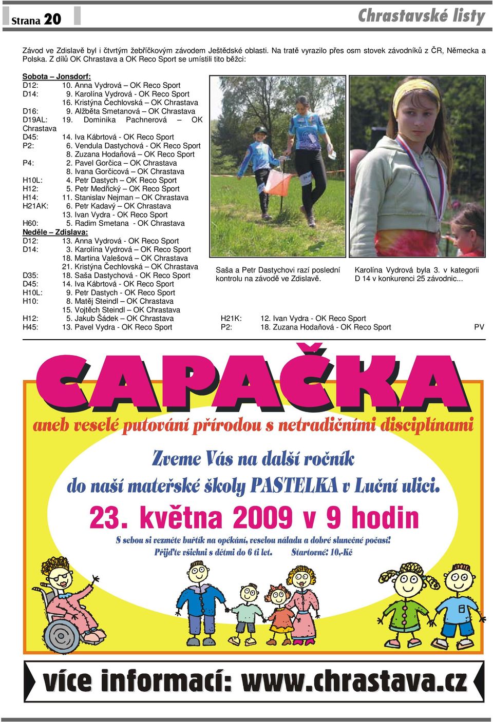 Alžběta Smetanová OK Chrastava D19AL: 19. Dominika Pachnerová OK Chrastava D45: 14. Iva Kábrtová - OK Reco Sport P2: 6. Vendula Dastychová - OK Reco Sport 8. Zuzana Hodaňová OK Reco Sport P4: 2.