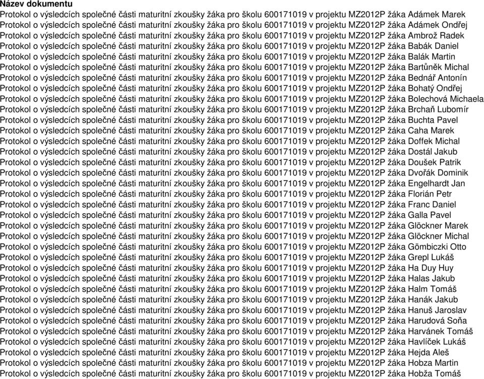 společné části maturitní zkoušky žáka pro školu 600171019 v projektu MZ2012P žáka Babák Daniel Protokol o výsledcích společné části maturitní zkoušky žáka pro školu 600171019 v projektu MZ2012P žáka