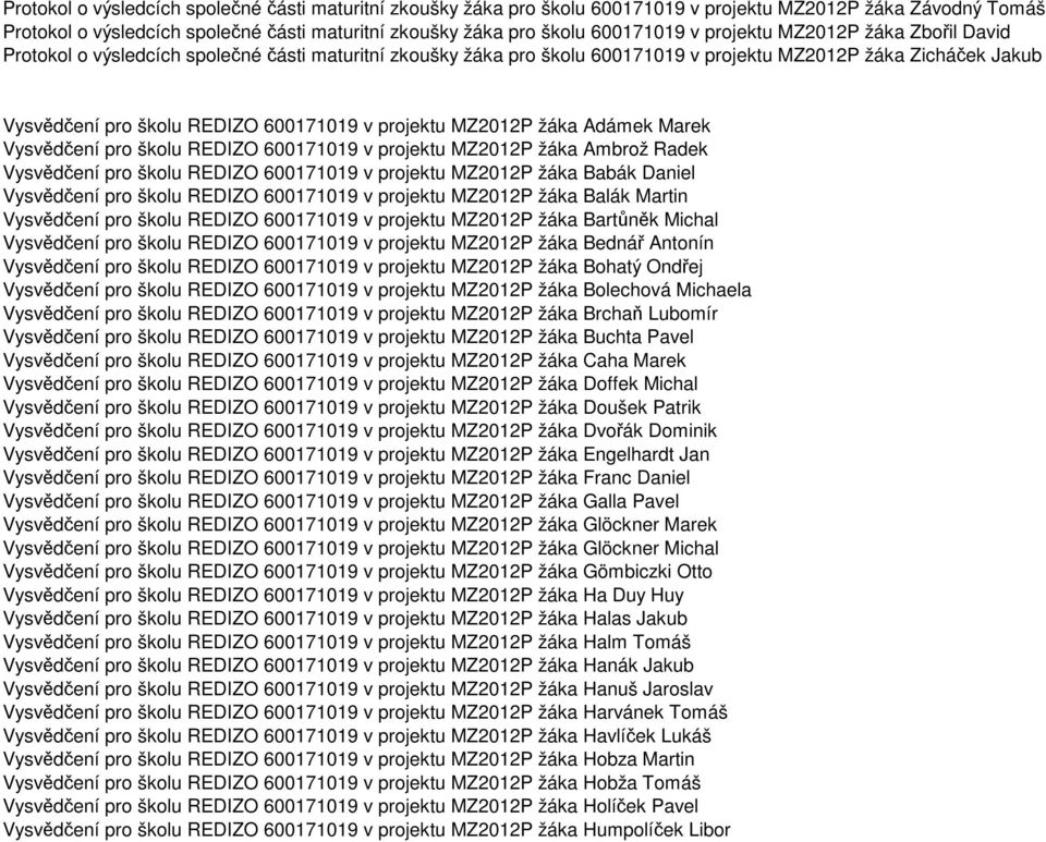 projektu MZ2012P žáka Adámek Marek Vysvědčení pro školu REDIZO 600171019 v projektu MZ2012P žáka Ambrož Radek Vysvědčení pro školu REDIZO 600171019 v projektu MZ2012P žáka Babák Daniel Vysvědčení pro