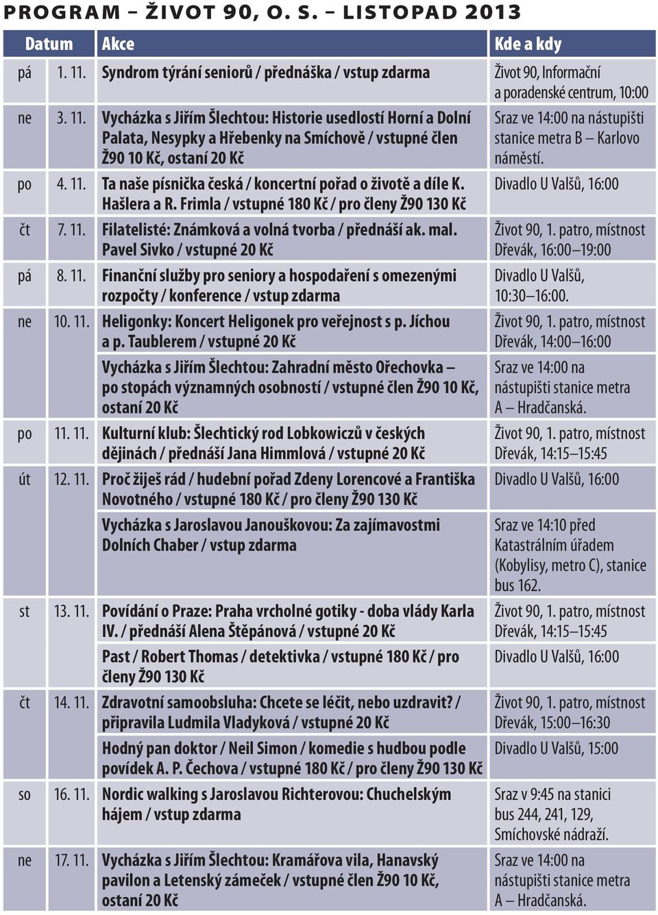 Vycházka s Jiřím Šlechtou: Historie usedlostí Horní a Dolní Palata, Nesypky a Hřebenky na Smíchově / vstupné člen Ž90 10 Kč, ostaní 20 Kč Sraz ve 14:00 na nástupišti stanice metra B Karlovo náměstí.