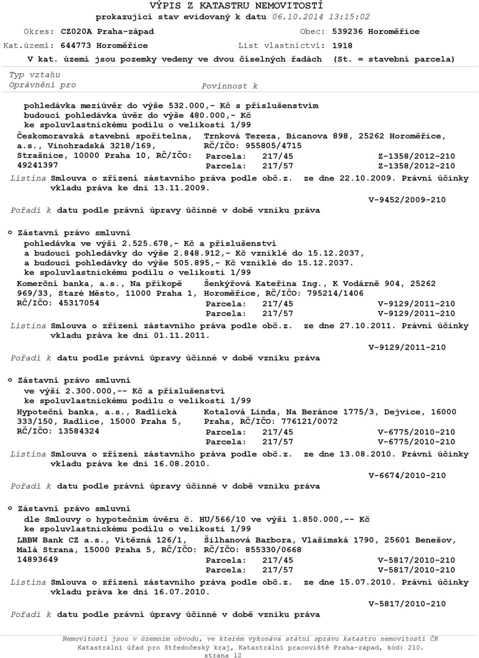 10.2009. Právní účinky vkladu práva ke dni 13.11.2009. V-9452/2009-210 Přadí k datu pdle právní úpravy účinné v dbě vzniku práva Zástavní práv smluvní phledávka ve výši 2.525.