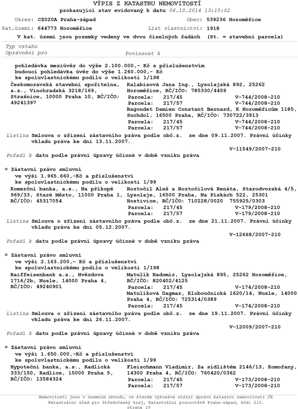 , Lyslajská 892, 25262 Hrměřice, 785330/4459 Strašnice, 10000 Praha 10, 49241397 Parcela: Parcela: 217/45 217/57 V-744/2008-210 V-744/2008-210 Ragndet Damien Cnstant Bernard, K Hrměřicům 1185,