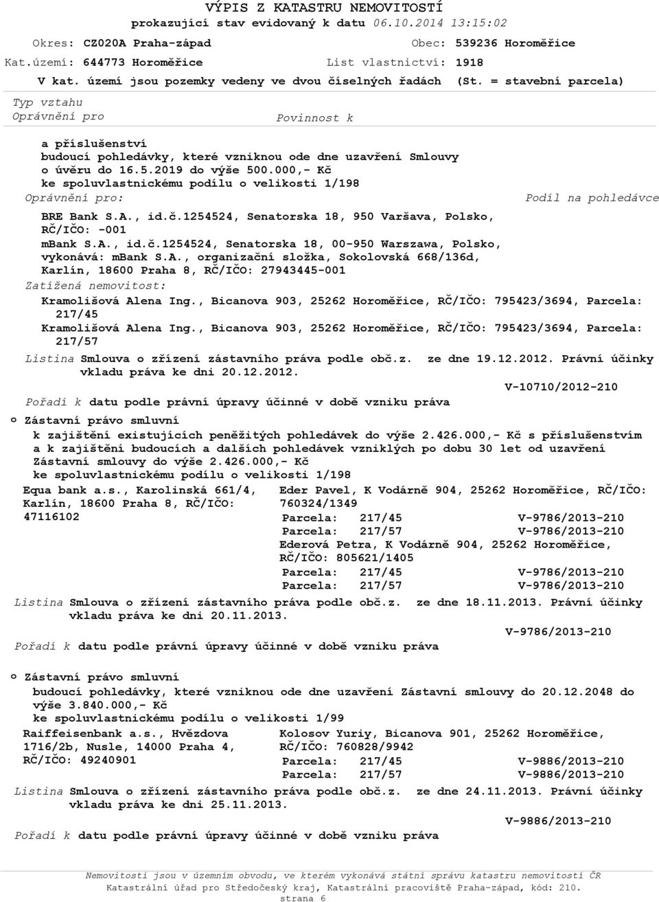 000,- Kč ke spluvlastnickému pdílu veliksti Oprávnění pr: Pdíl na phledávce BRE Bank S.A., id.č.1254524, Senatrska 18, 950 Varšava, Plsk, -001 mbank S.A., id.č.1254524, Senatrska 18, 00-950 Warszawa, Plsk, vyknává: mbank S.