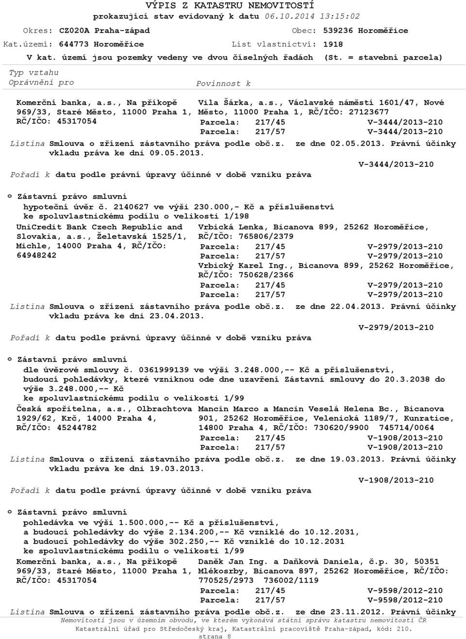 Právní účinky vkladu práva ke dni 09.05.2013. V-3444/2013-210 Přadí k datu pdle právní úpravy účinné v dbě vzniku práva Zástavní práv smluvní dle úvěrvé smluvy č. 0361999139 ve výši 3.248.