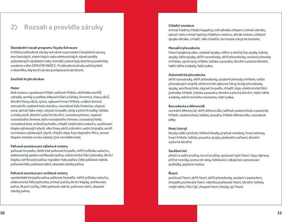 Součásti kryté zárukou Motor blok motoru, vyvažovací hřídel, vačkové hřídele, zdvihátka ventilů, vahadla, ventily a vodítka, kliková hřídel a ložiska, řemenice, hlava válců, těsnění hlavy válců,