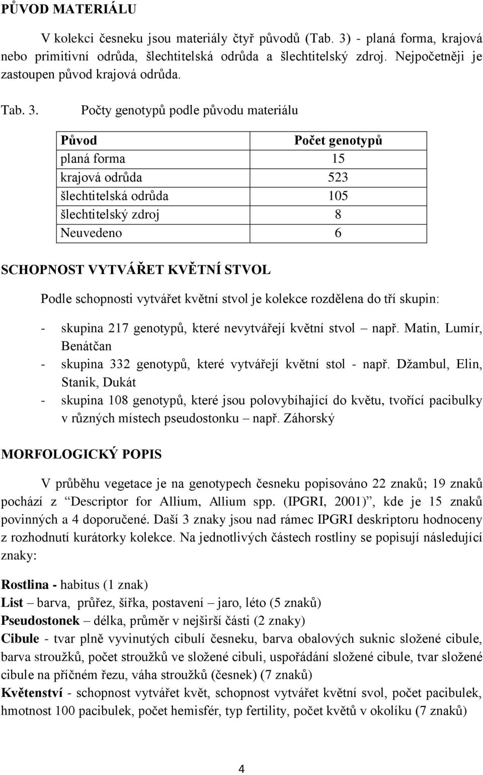 Počty genotypů podle původu materiálu Původ Počet genotypů planá forma 15 krajová odrůda 523 šlechtitelská odrůda 105 šlechtitelský zdroj 8 Neuvedeno 6 SCHOPNOST VYTVÁŘET KVĚTNÍ STVOL Podle