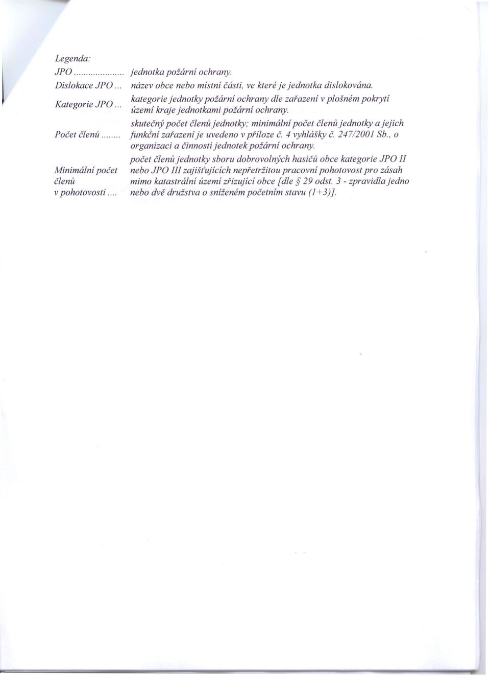 skutečný počet členů jednotky,' minimální počet členů jednotky a jejich funkční zaiazeni je uvedeno v příloze č. 4 vyhlášky č. 247/2001 Sb.
