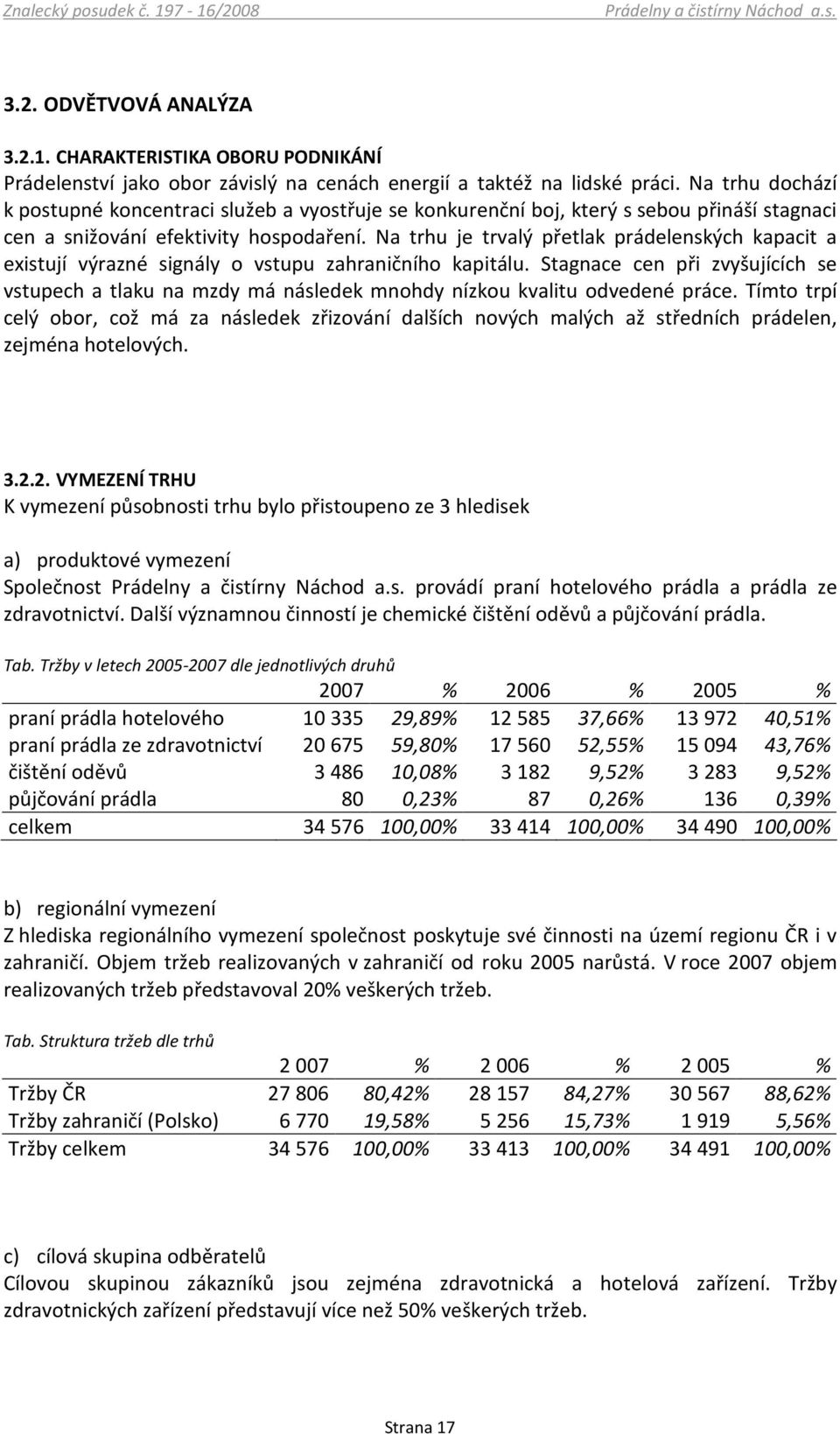 Na trhu je trvalý přetlak prádelenských kapacit a existují výrazné signály o vstupu zahraničního kapitálu.