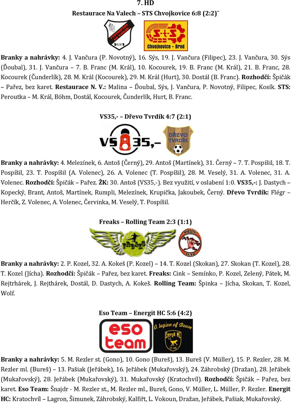 V.: Malina Ďoubal, Sýs, J. Vančura, P. Novotný, Filipec, Kosík. STS: Peroutka M. Král, Böhm, Dostál, Kocourek, Čunderlík, Hurt, B. Franc. VS35,- Dřevo Tvrdík 4:7 (2:1) Branky a nahrávky: 4.