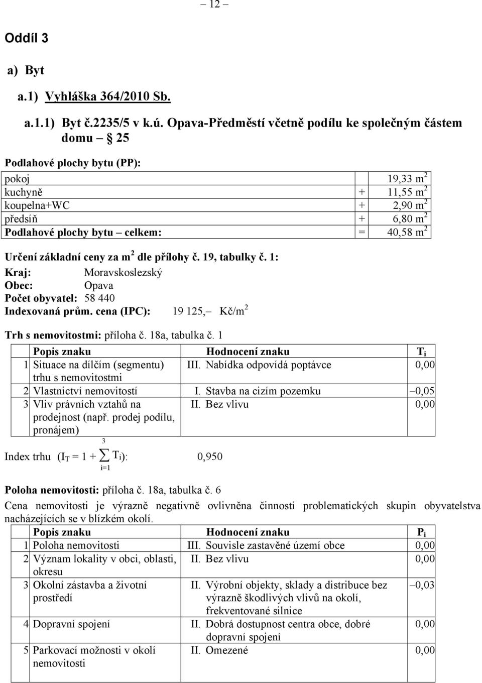 40,58 m 2 Určení základní ceny za m 2 dle přílohy č. 19, tabulky č. 1: Kraj: Moravskoslezský Obec: Opava Počet obyvatel: 58 440 Indexovaná prům.