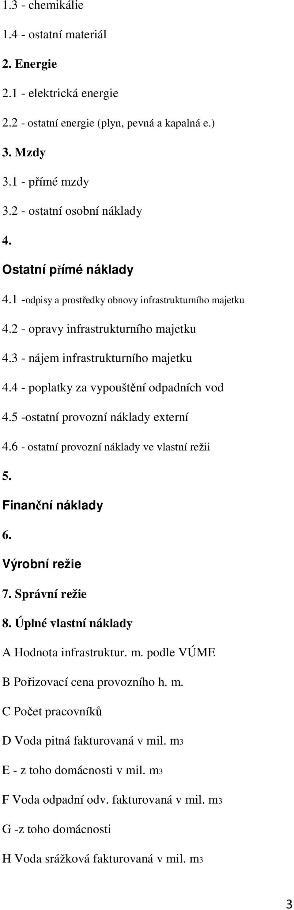 4 - poplatky za vypouštění odpadních vod 4.5 -ostatní provozní náklady externí 4.6 - ostatní provozní náklady ve vlastní režii 5. Finanční náklady 6. Výrobní režie 7. Správní režie 8.