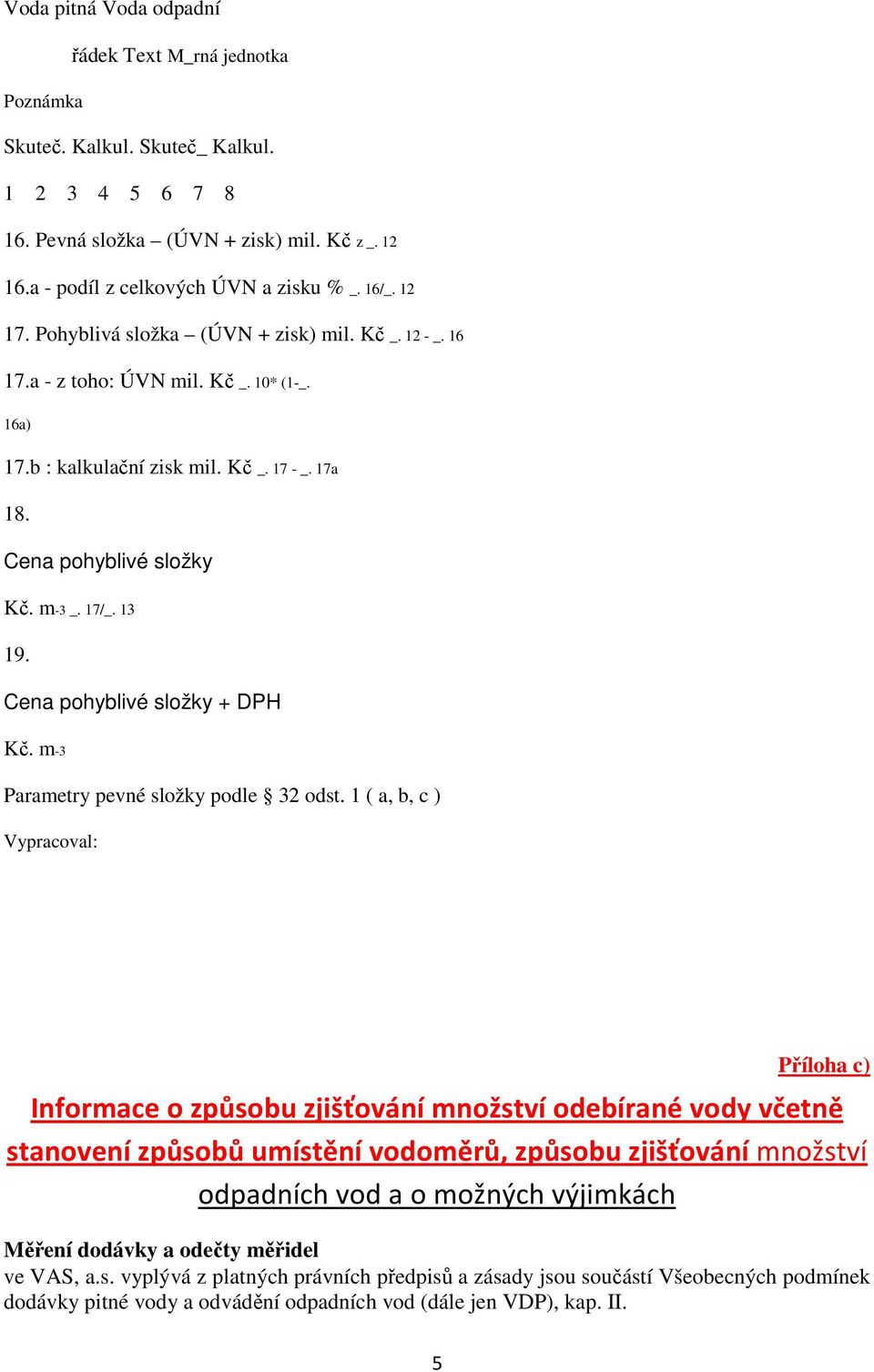 Cena pohyblivé složky + DPH Kč. m-3 Parametry pevné složky podle 32 odst.