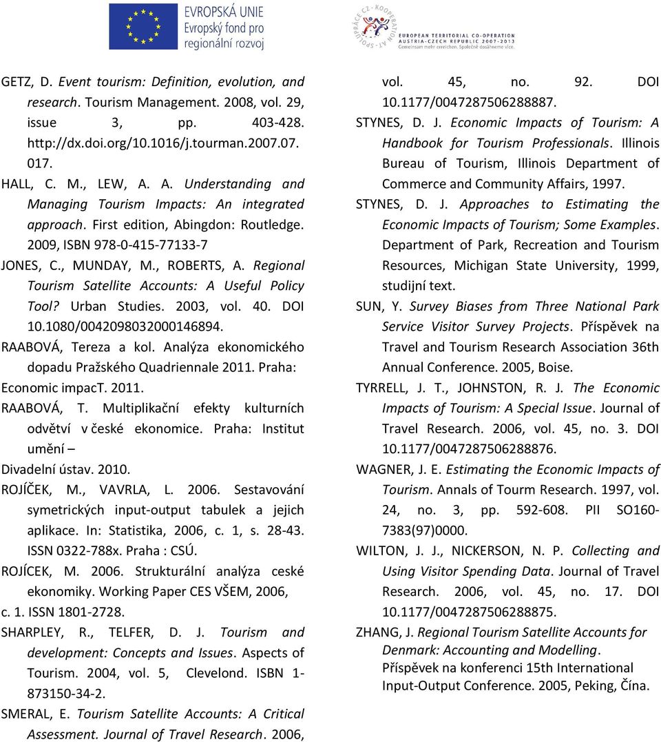 Regional Tourism Satellite Accounts: A Useful Policy Tool? Urban Studies. 2003, vol. 40. DOI 10.1080/0042098032000146894. RAABOVÁ, Tereza a kol.