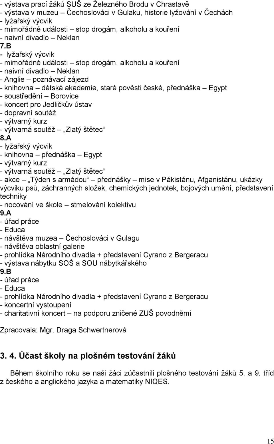 B - lyžařský výcvik - mimořádné události stop drogám, alkoholu a kouření - naivní divadlo Neklan - Anglie poznávací zájezd - knihovna dětská akademie, staré pověsti české, přednáška Egypt -