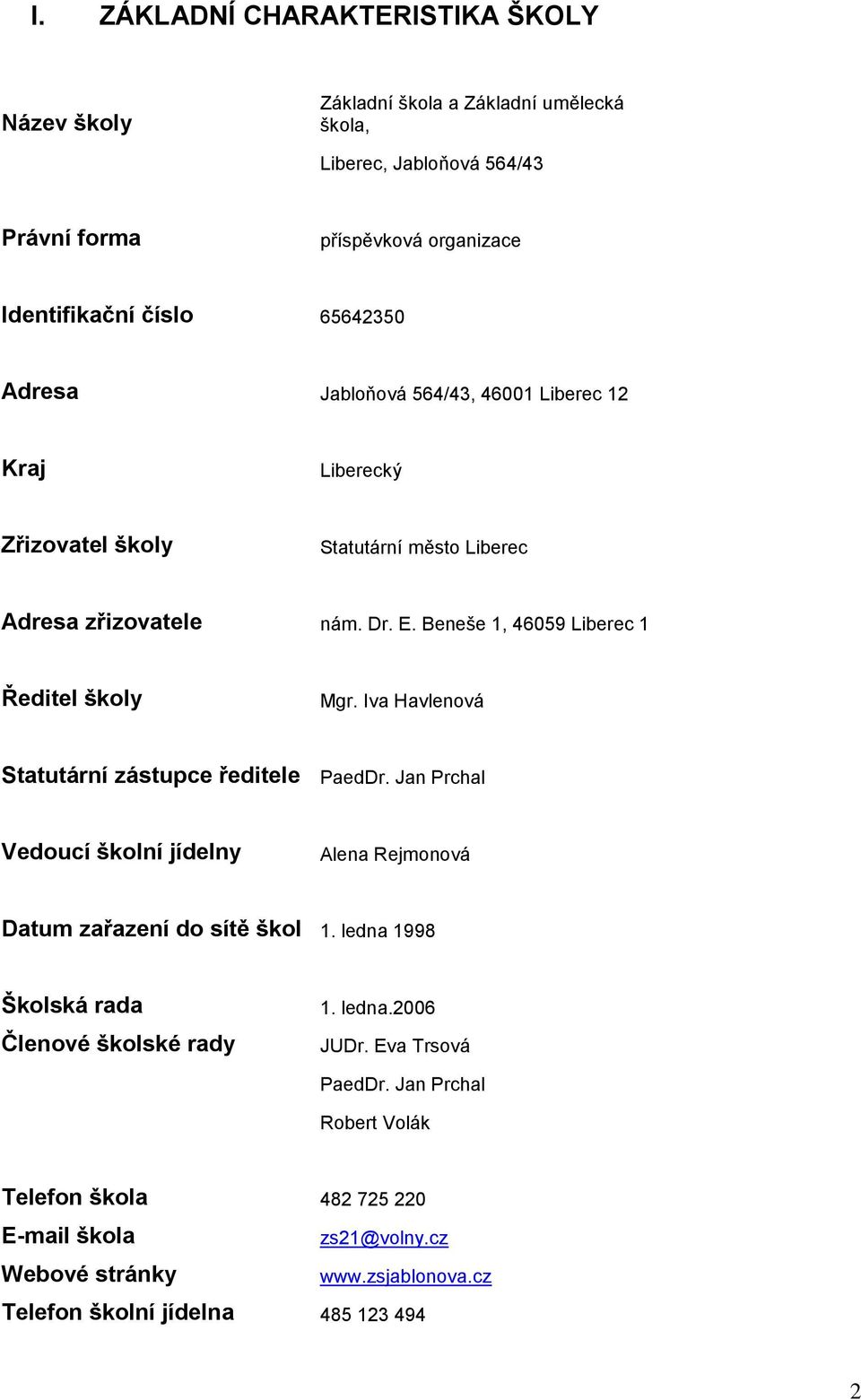 Iva Havlenová Statutární zástupce ředitele PaedDr. Jan Prchal Vedoucí školní jídelny Alena Rejmonová Datum zařazení do sítě škol 1. ledna 1998 Školská rada Členové školské rady 1.