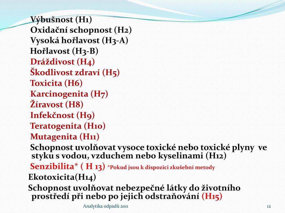 toxické plyny ve styku s vodou, vzduchem nebo kyselinami (H12) Senzibilita* ( H 13) *Pokud jsou k dispozici zkušební metody