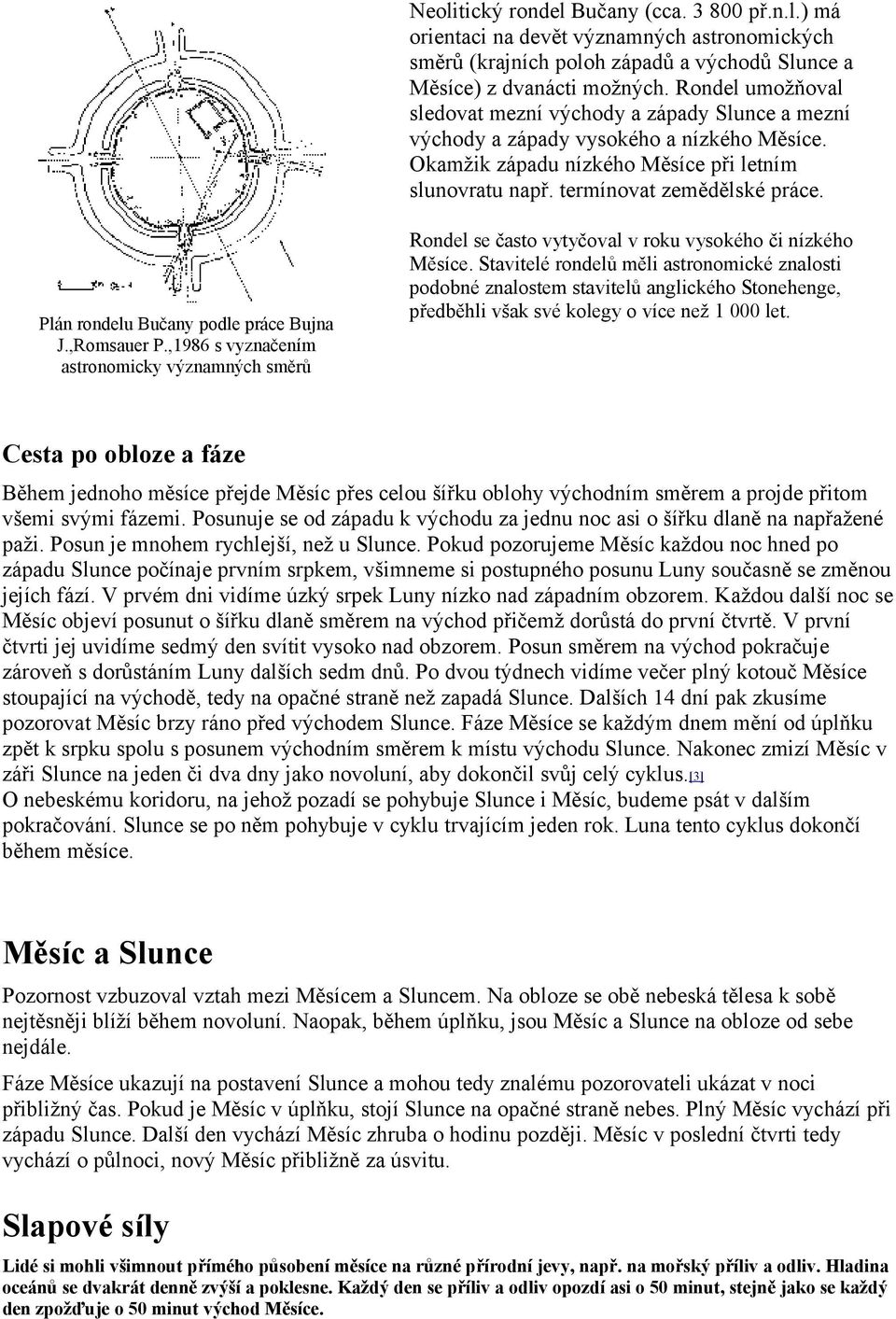 Plán rondelu Bučany podle práce Bujna J.,Romsauer P.,1986 s vyznačením astronomicky významných směrů Rondel se často vytyčoval v roku vysokého či nízkého Měsíce.