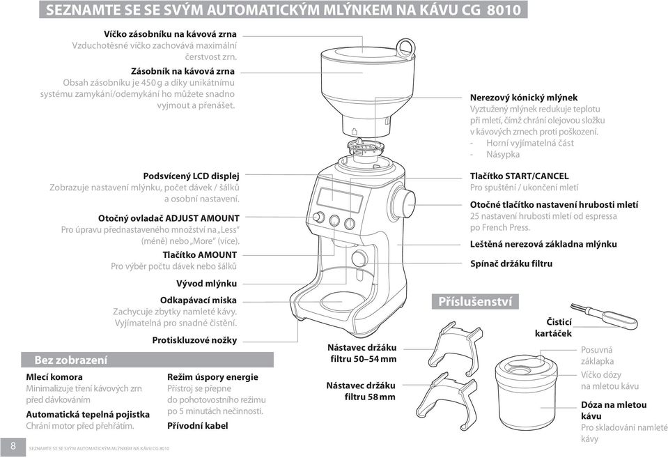Podsvícený LCD displej Zobrazuje nastavení mlýnku, počet dávek / šálků a osobní nastavení. Otočný ovladač ADJUST AMOUNT Pro úpravu přednastaveného množství na Less (méně) nebo More (více).