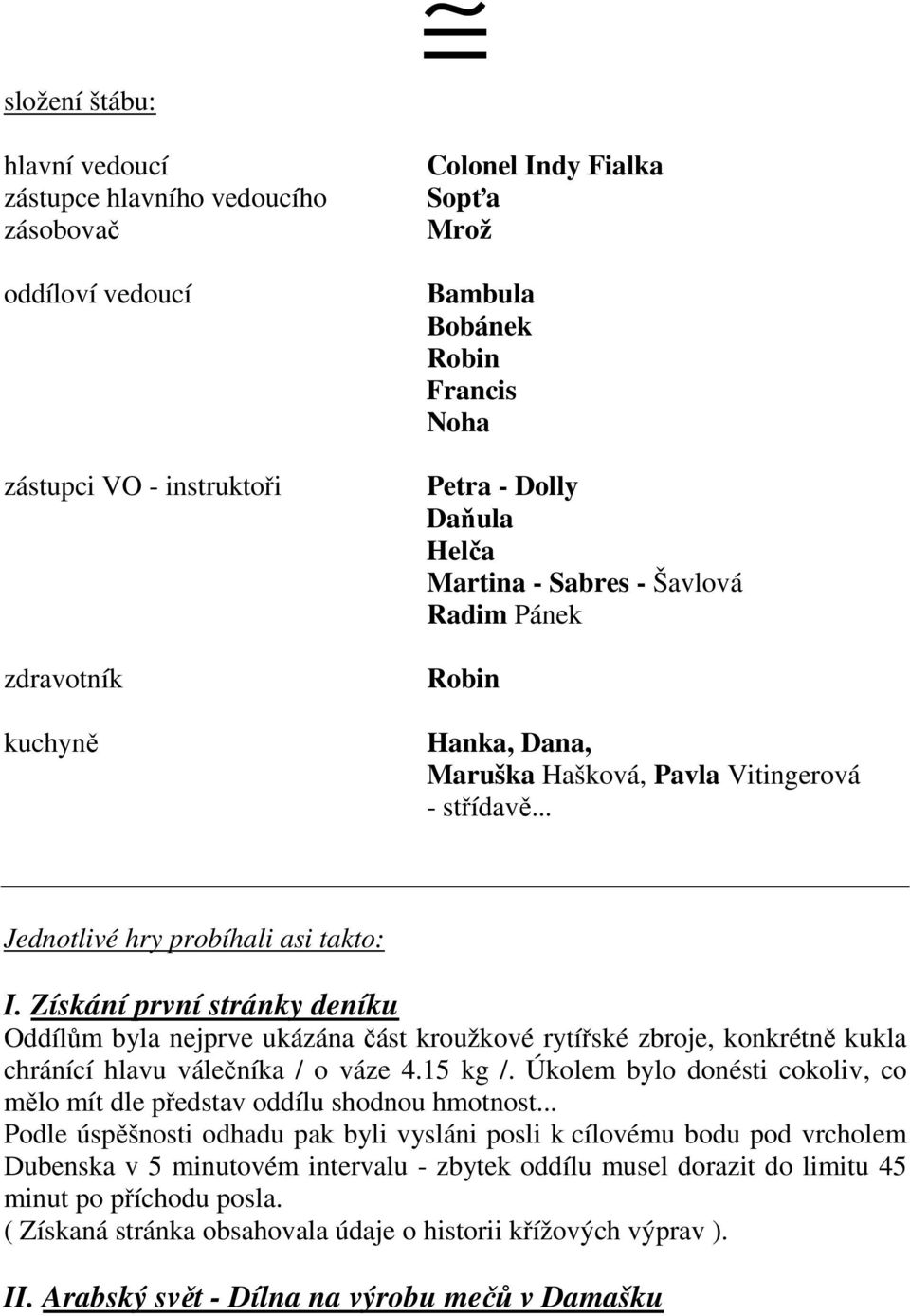 Získání první stránky deníku Oddílům byla nejprve ukázána část kroužkové rytířské zbroje, konkrétně kukla chránící hlavu válečníka / o váze 4.15 kg /.