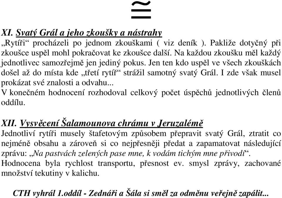 I zde však musel prokázat své znalosti a odvahu... V konečném hodnocení rozhodoval celkový počet úspěchů jednotlivých členů oddílu. XII.