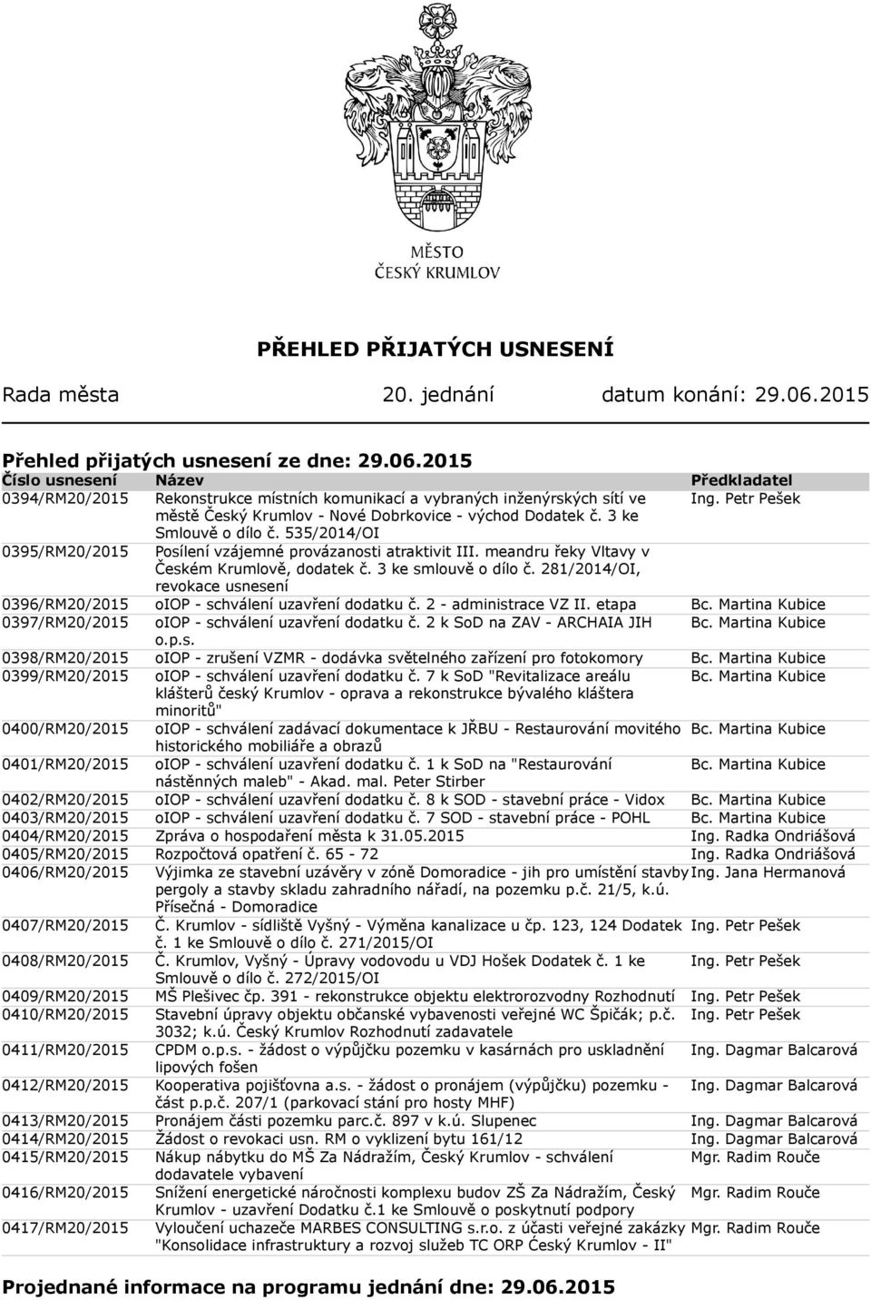 meandru řeky Vltavy v Českém Krumlově, dodatek č. 3 ke smlouvě o dílo č. 281/2014/OI, revokace usnesení 0396/RM20/2015 oiop - schválení uzavření dodatku č. 2 - administrace VZ II. etapa Bc.