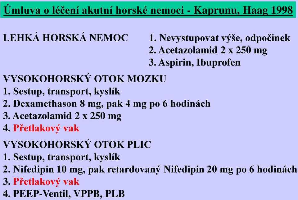 Přetlakový vak 1. Nevystupovat výše, odpočinek 2. Acetazolamid 2 x 250 mg 3.