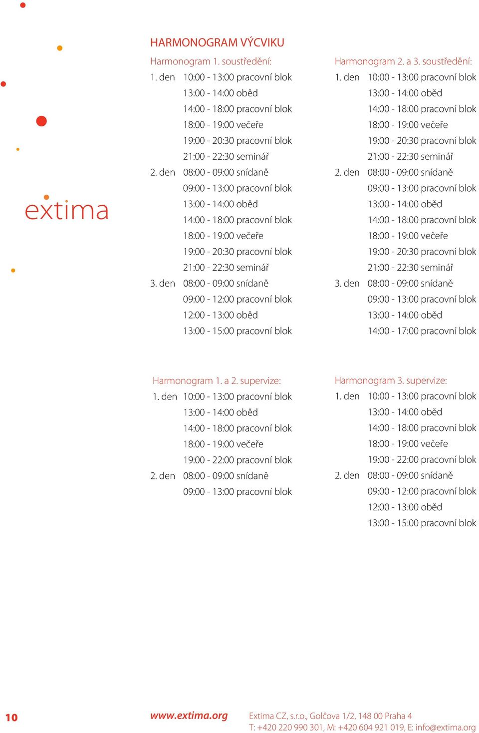 den 08:00-09:00 snídaně 09:00-12:00 pracovní blok 12:00-13:00 oběd 13:00-15:00 pracovní blok Harmonogram 2. a 3. soustředění: 1.