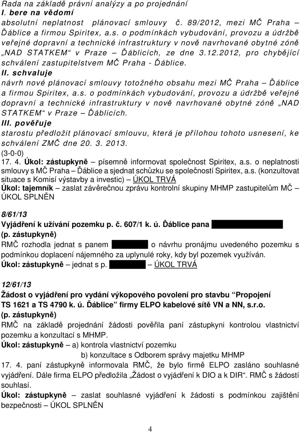 12.2012, pro chybějící schválení zastupitelstvem MČ Praha - Ďáblice. I návrh nové plánovací smlouvy totožného obsahu mezi MČ Praha Ďáblice a firmou Spiritex, a.s. o podmínkách vybudování, provozu a údržbě veřejné dopravní a technické infrastruktury v nově navrhované obytné zóně NAD STATKEM v Praze Ďáblicích.