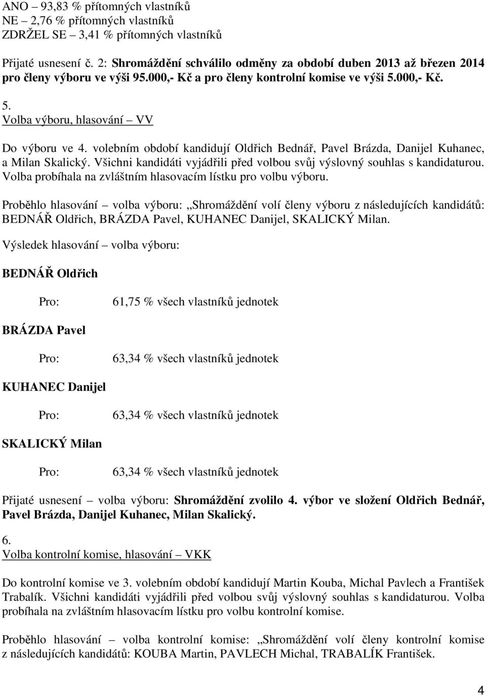 volebním období kandidují Oldřich Bednář, Pavel Brázda, Danijel Kuhanec, a Milan Skalický. Všichni kandidáti vyjádřili před volbou svůj výslovný souhlas s kandidaturou.