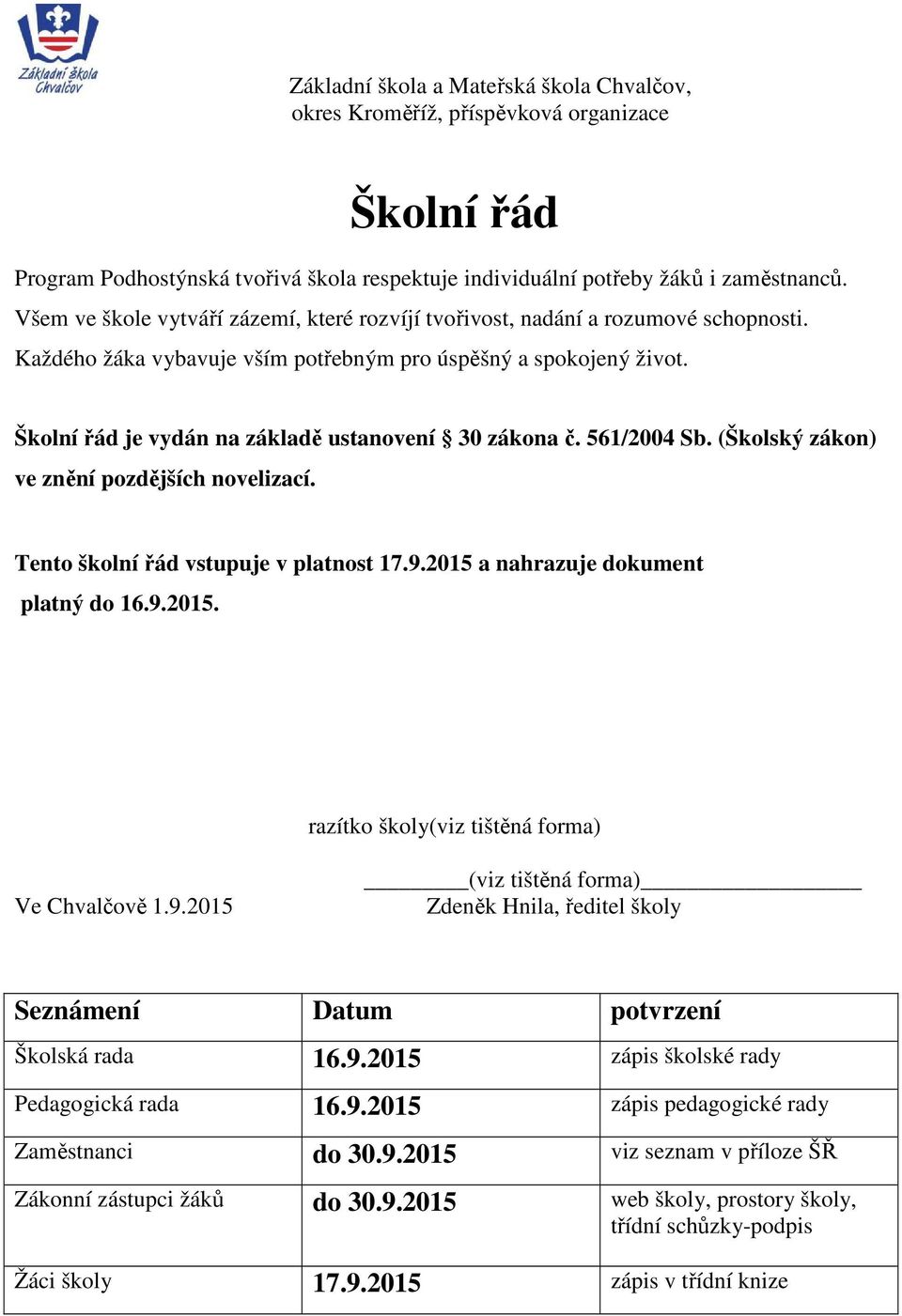 Školní řád je vydán na základě ustanovení 30 zákona č. 561/2004 Sb. (Školský zákon) ve znění pozdějších novelizací. Tento školní řád vstupuje v platnost 17.9.2015 