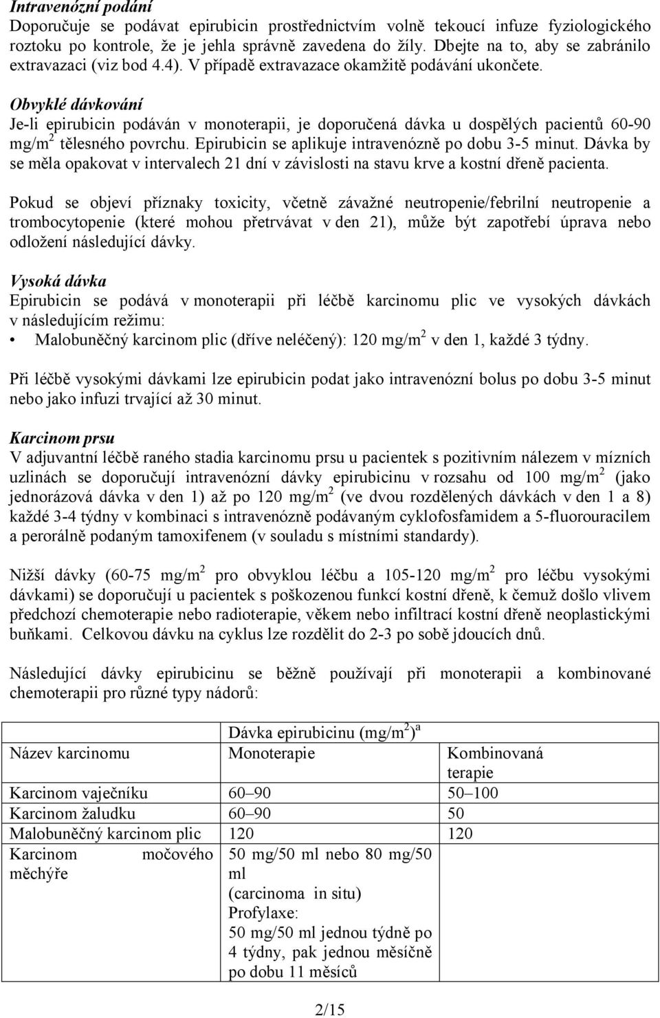 Obvyklé dávkování Je-li epirubicin podáván v monoterapii, je doporučená dávka u dospělých pacientů 60-90 mg/m 2 tělesného povrchu. Epirubicin se aplikuje intravenózně po dobu 3-5 minut.