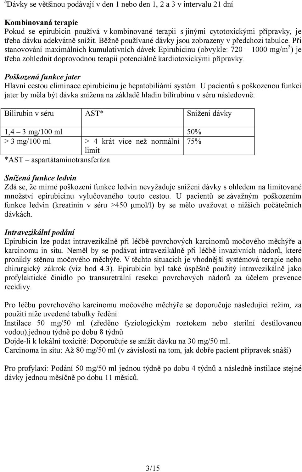 Při stanovování maximálních kumulativních dávek Epirubicinu (obvykle: 720 1000 mg/m 2 ) je třeba zohlednit doprovodnou terapii potenciálně kardiotoxickými přípravky.