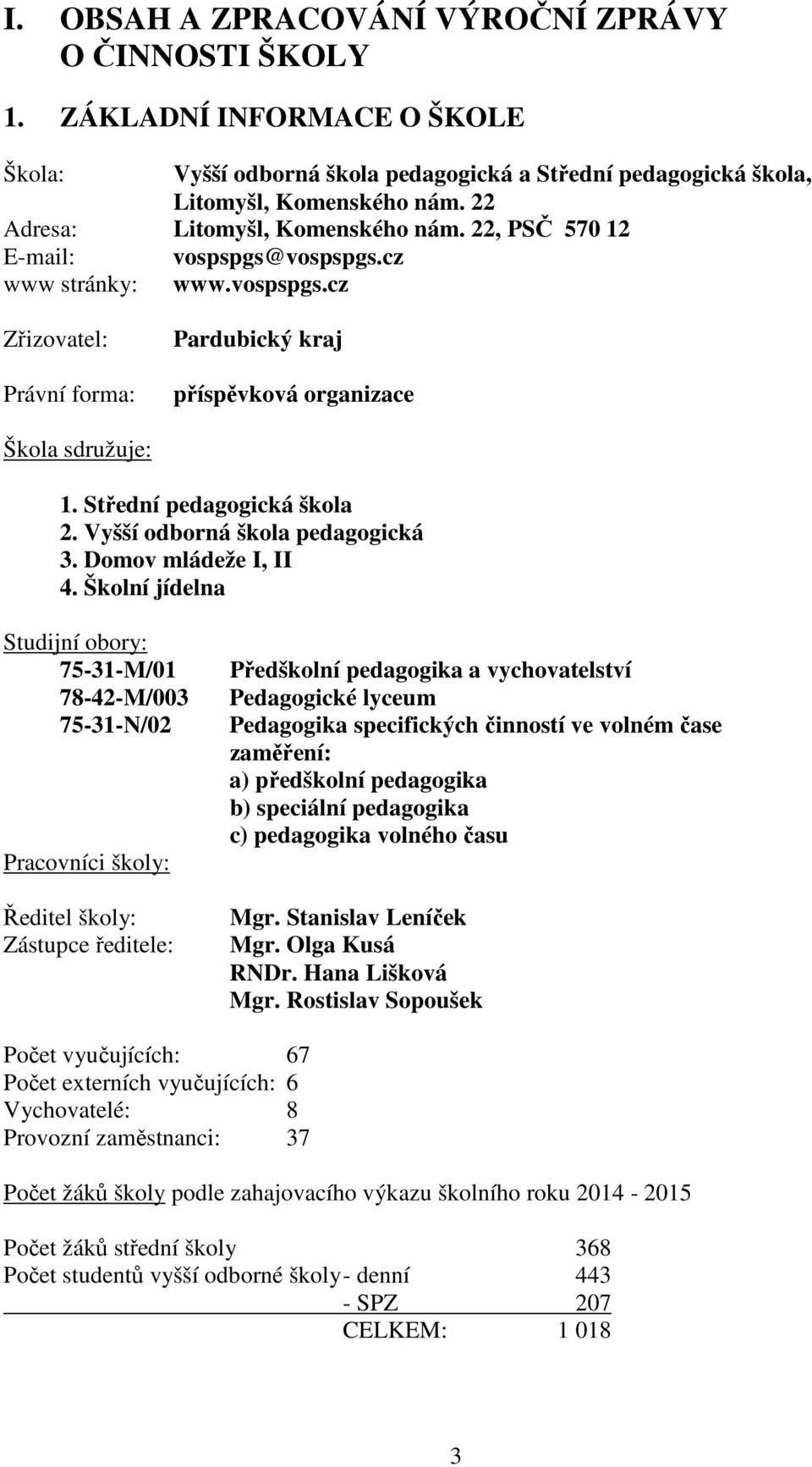 Střední pedagogická škola 2. Vyšší odborná škola pedagogická 3. Domov mládeže I, II 4.