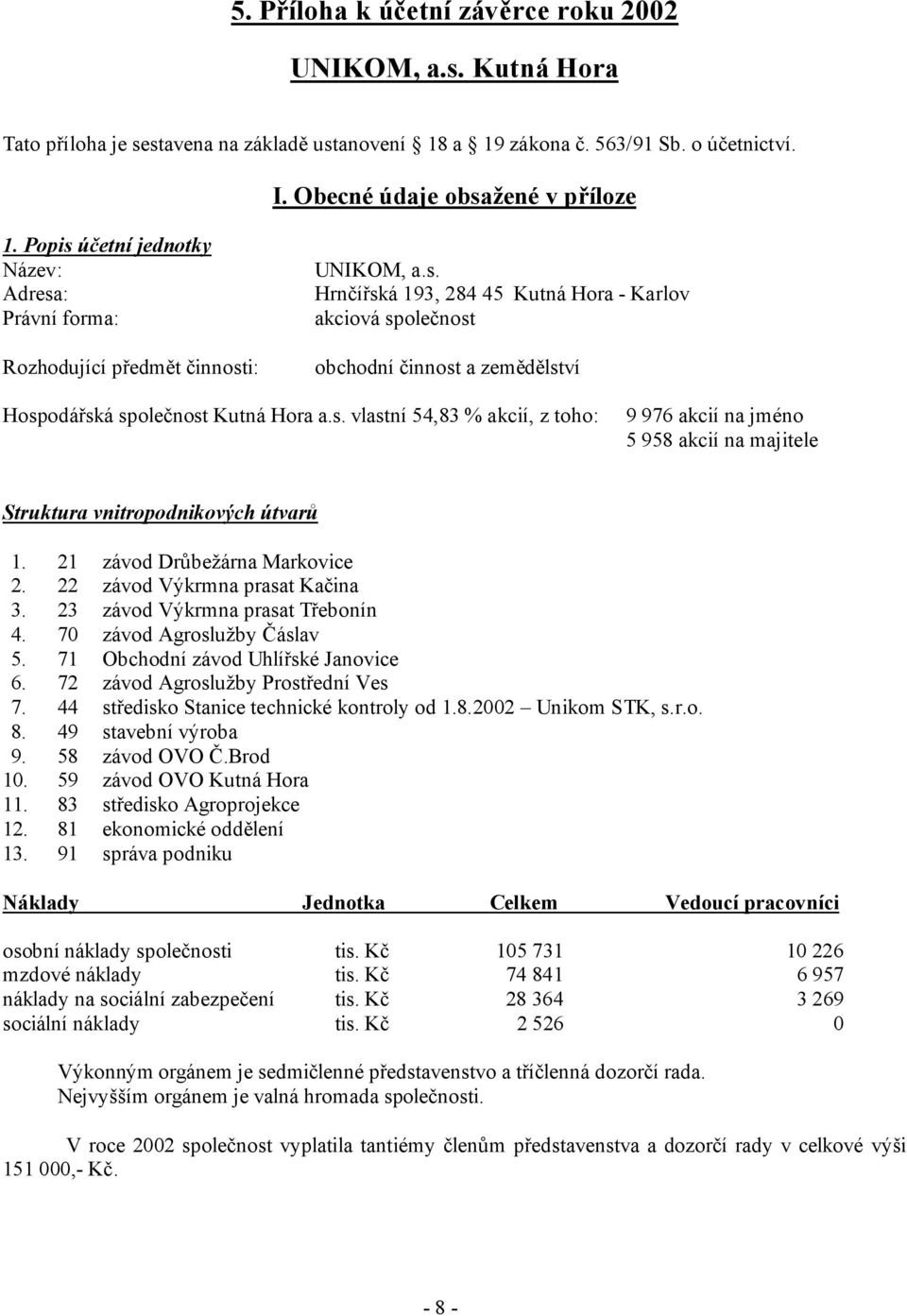 s. vlastní 54,83 % akcií, z toho: 9 976 akcií na jméno 5 958 akcií na majitele Struktura vnitropodnikových útvarů 1. 21 závod Drůbežárna Markovice 2. 22 závod Výkrmna prasat Kačina 3.