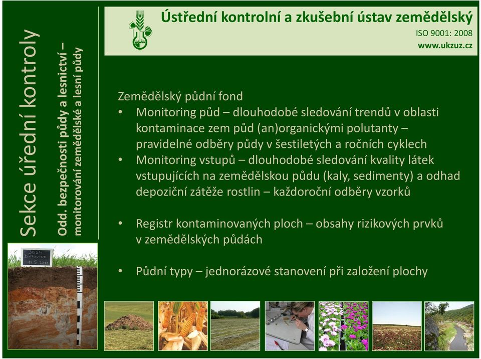 kontaminace zem půd (an)organickými polutanty pravidelné odběry půdy v šestiletých a ročních cyklech Monitoring vstupů dlouhodobé sledování