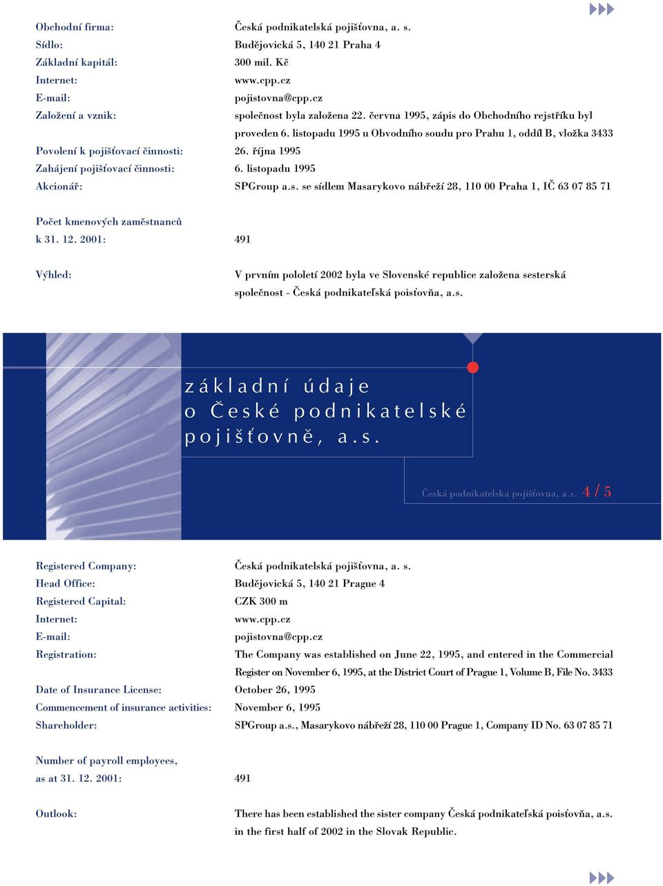 listopadu 1995 u Obvodního soudu pro Prahu 1, oddíl B, vloïka 3433 Povolení k poji Èovací ãinnosti: 26. fiíjna 1995 Zahájení poji Èovací ãinnosti: 6. listopadu 1995 Akcionáfi: SPGroup a.s. se sídlem Masarykovo nábfieïí 28, 11 Praha 1, Iâ 63 7 85 71 Poãet kmenov ch zamûstnancû k 31.