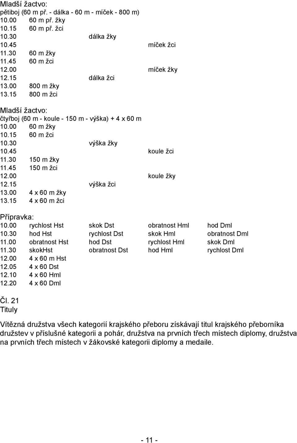 00 koule žky 12.15 výška žci 13.00 4 x 60 m žky 13.15 4 x 60 m žci Přípravka: 10.00 rychlost Hst skok Dst obratnost Hml hod Dml 10.30 hod Hst rychlost Dst skok Hml obratnost Dml 11.