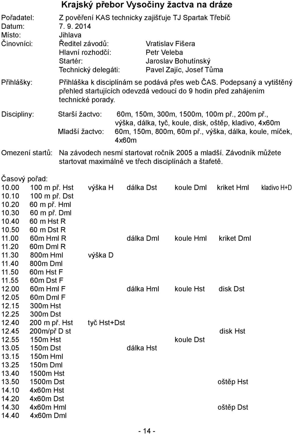 podává přes web ČAS. Podepsaný a vytištěný přehled startujících odevzdá vedoucí do 9 hodin před zahájením technické porady. Discipliny: Starší žactvo: 60m, 150m, 300m, 1500m, 100m př., 200m př.