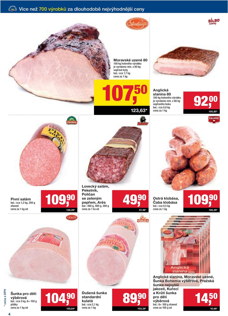 : cca 1,2 kg, 200 g shaved od 109, 90 126,39* Lovecký salám, Pekelník, Poličan se zeleným pepřem, Arés bal.: 480 g, 460 g, 380 g od 49, 90 57,39* Ostrá klobása, Čaba klobása bal.