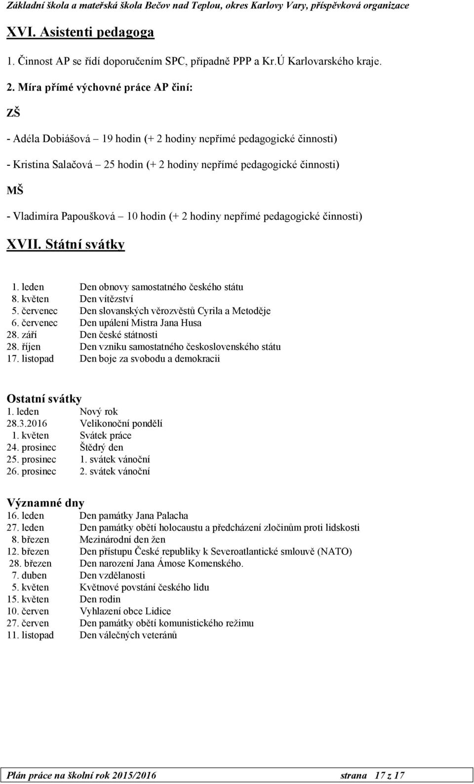 Papoušková 10 hodin (+ 2 hodiny nepřímé pedagogické činnosti) XVII. Státní svátky 1. leden Den obnovy samostatného českého státu 8. květen Den vítězství 5.