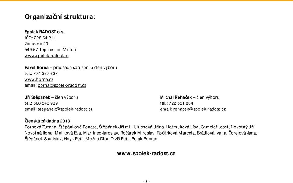 cz email: rehacek@spolek-radost.cz Členská základna 2013 Bornová Zuzana, Štěpánková Renata, Štěpánek Jiří ml.