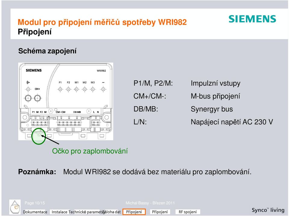 Očko pro zaplombování Poznámka: Modul WRI982 se dodává bez