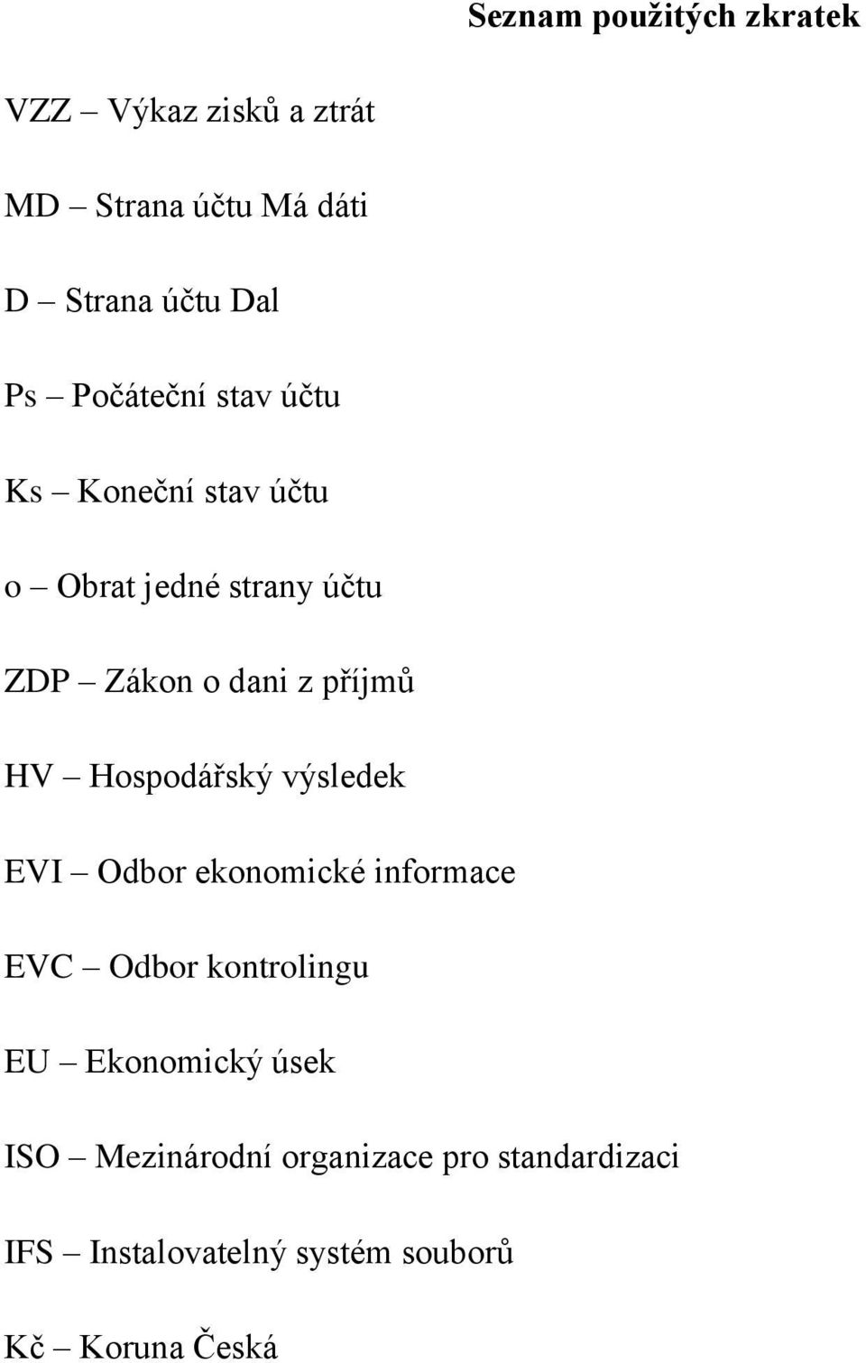 HV Hospodářský výsledek EVI Odbor ekonomické informace EVC Odbor kontrolingu EU Ekonomický